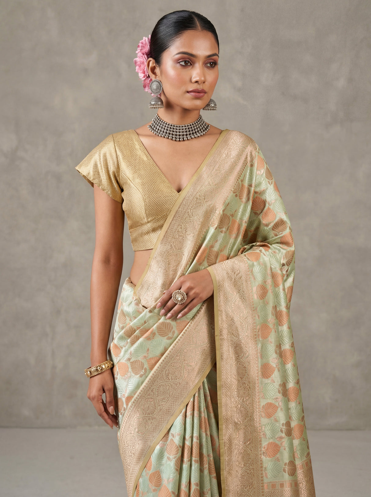 MIMOSA Olive Kanjivaram Art Silk Saree — Close Up of Body and Clutch Bag