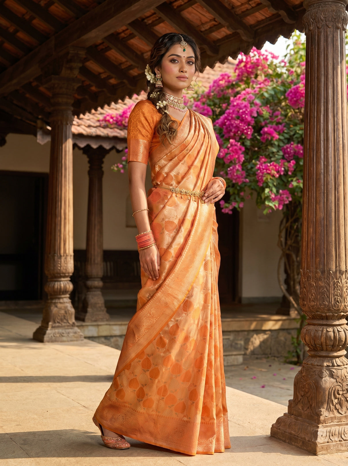 MIMOSA Orange Kanjivaram Art Silk Saree — Pallu Detail