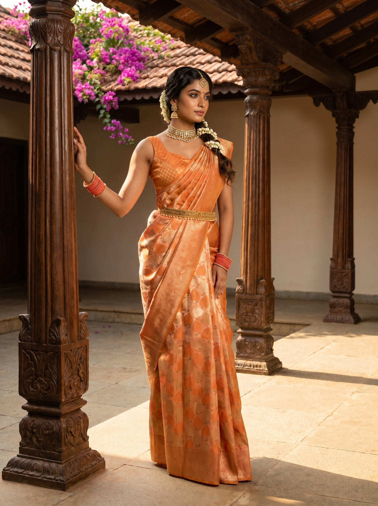 MIMOSA Orange Kanjivaram Art Silk Saree — Close Up of Body and Clutch Bag