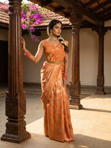 MIMOSA Orange Kanjivaram Art Silk Saree — Close Up of Body and Clutch Bag