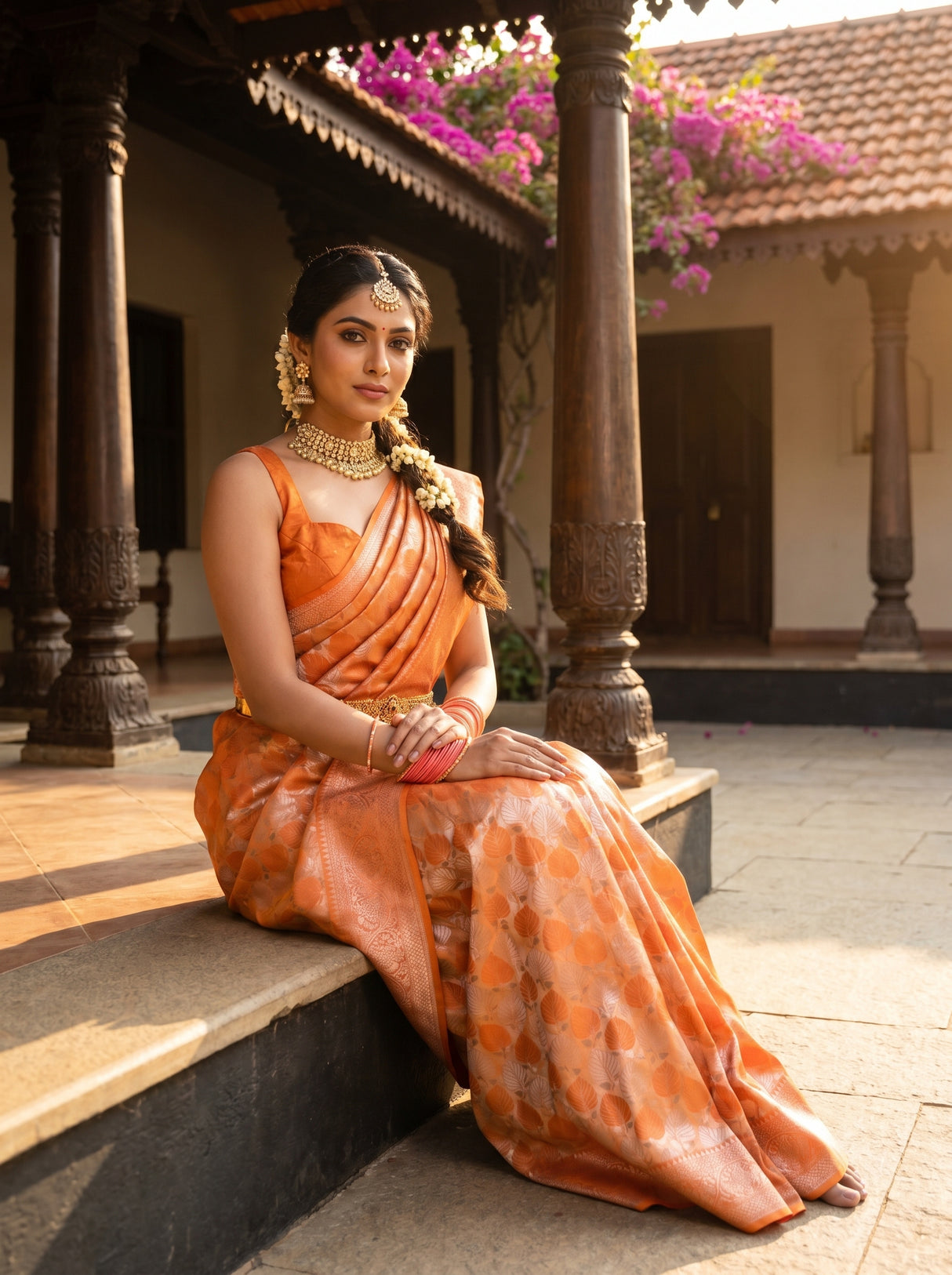 MIMOSA Orange Kanjivaram Art Silk Saree — pose 8 styling detail