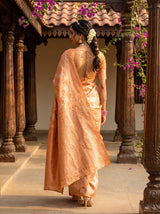 MIMOSA Peach Kanjivaram Art Silk Saree — Close Up of Face and Earrings