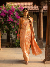 MIMOSA Peach Kanjivaram Art Silk Saree — Close Up of Body and Clutch Bag