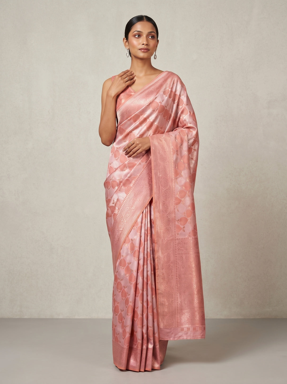 MIMOSA Pink Kanjivaram Art Silk Saree — Close Up of Body and Clutch Bag