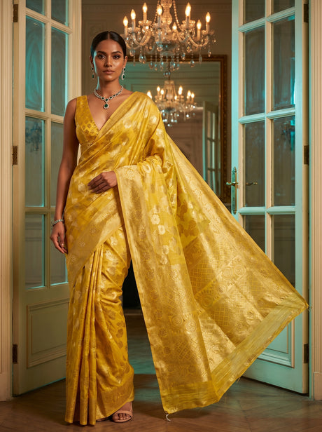 MIMOSA Gold Banarasi Linen Saree — Mannequin Draped View