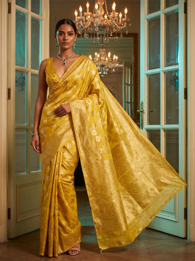 MIMOSA Gold Banarasi Linen Saree — Mannequin Draped View