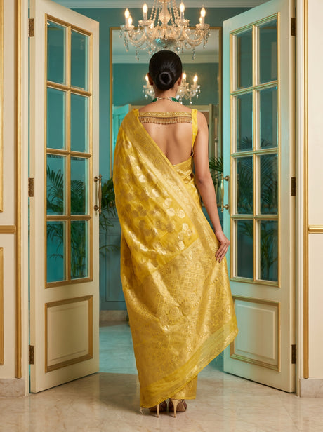 MIMOSA Gold Banarasi Linen Saree — Unstitched Blouse Fabric