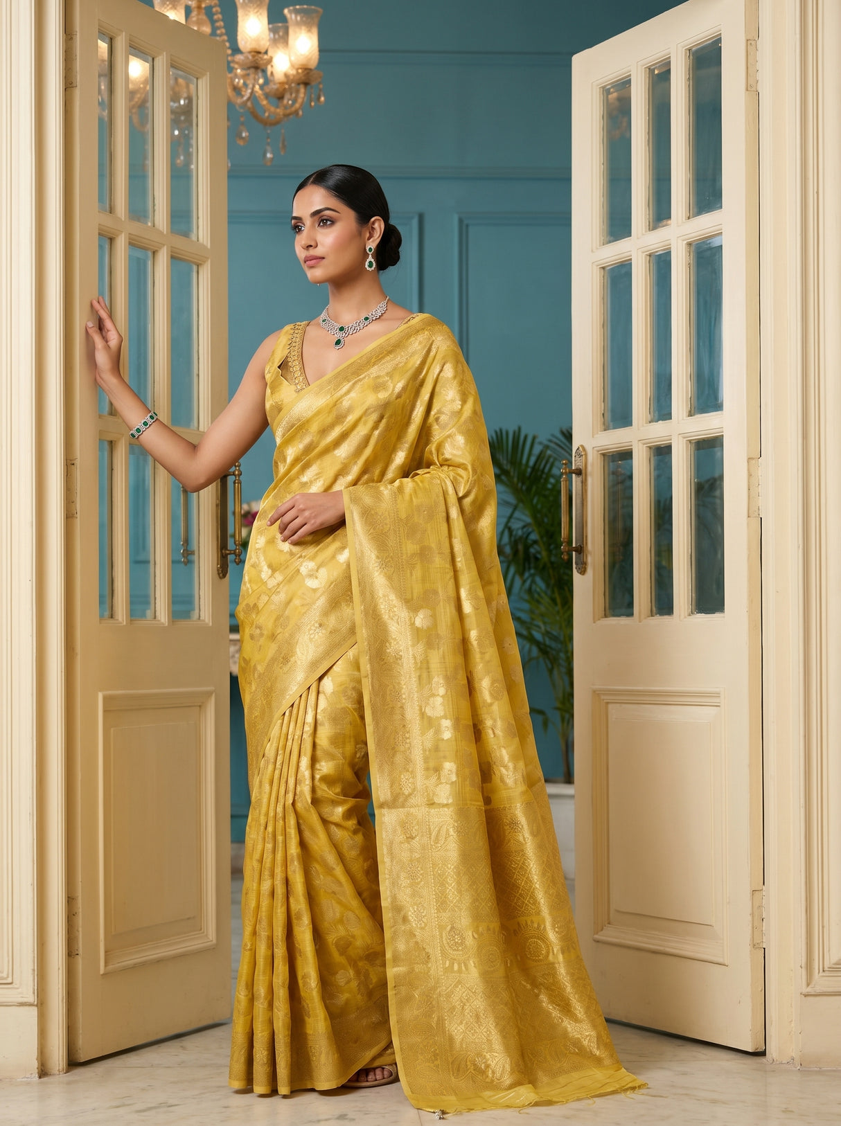 MIMOSA Gold Banarasi Linen Saree — pose 4 styling detail