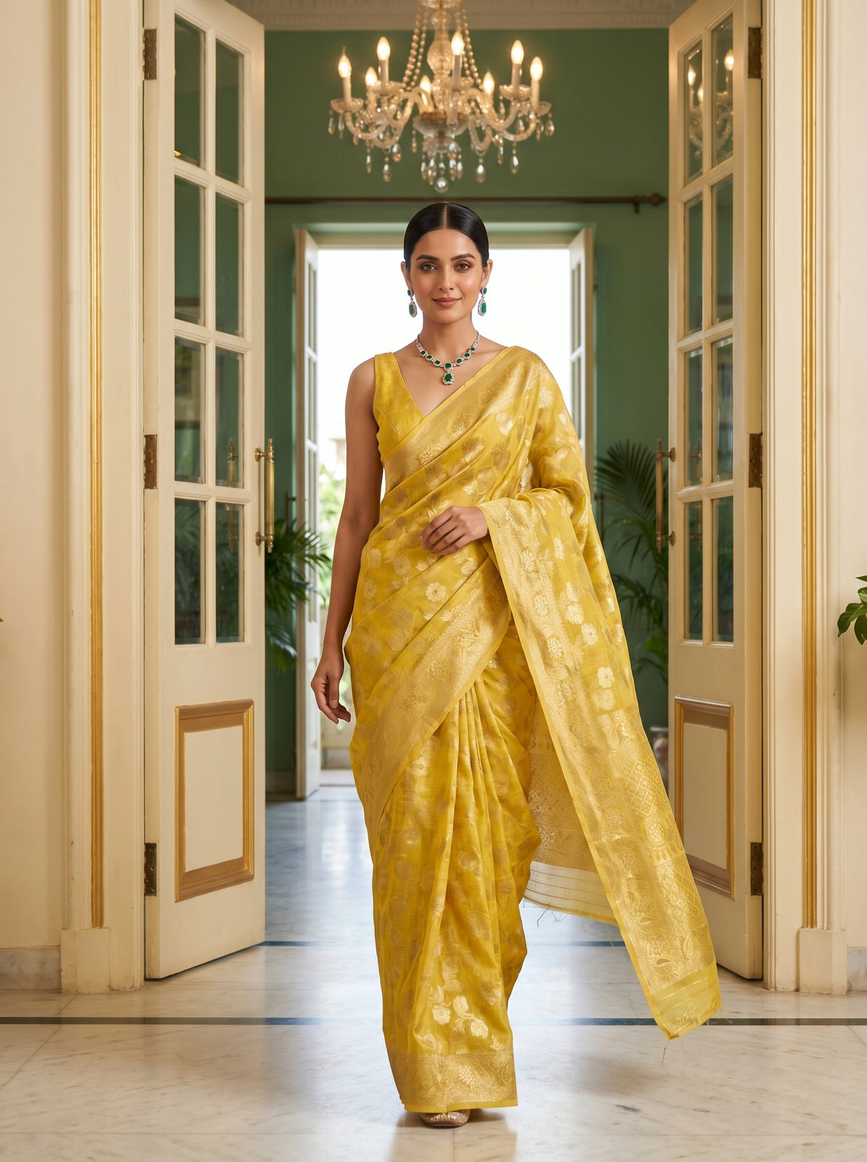 MIMOSA Gold Banarasi Linen Saree — pose 7 styling detail