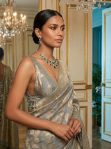 MIMOSA Grey Banarasi Linen Saree — pose 10 styling detail
