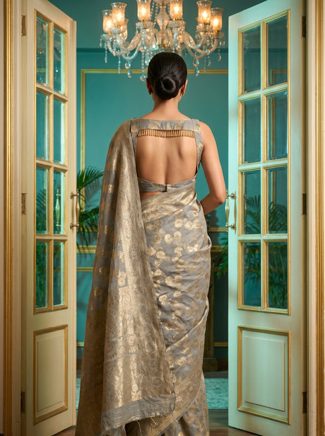 MIMOSA Grey Banarasi Linen Saree — Unstitched Blouse Fabric