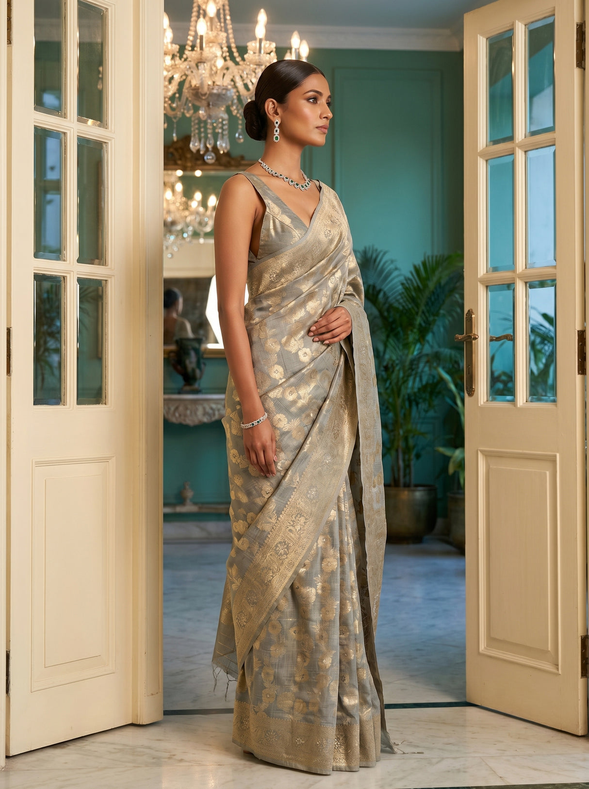 MIMOSA Grey Banarasi Linen Saree — Model Lifestyle Pose