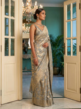 MIMOSA Grey Banarasi Linen Saree — Model Lifestyle Pose