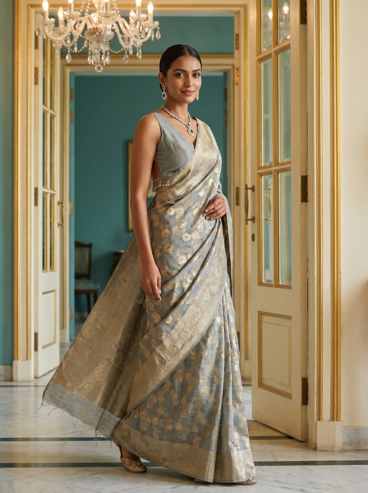 MIMOSA Grey Banarasi Linen Saree — pose 7 styling detail