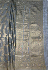 MIMOSA Grey Banarasi Linen Saree — pallu and zari work detail