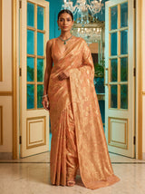 MIMOSA Peach Banarasi Linen Saree — Mannequin Draped View