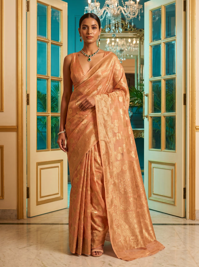 MIMOSA Peach Banarasi Linen Saree — Mannequin Draped View
