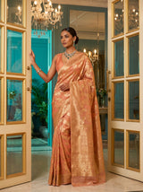 MIMOSA Peach Banarasi Linen Saree — Unstitched Blouse Fabric