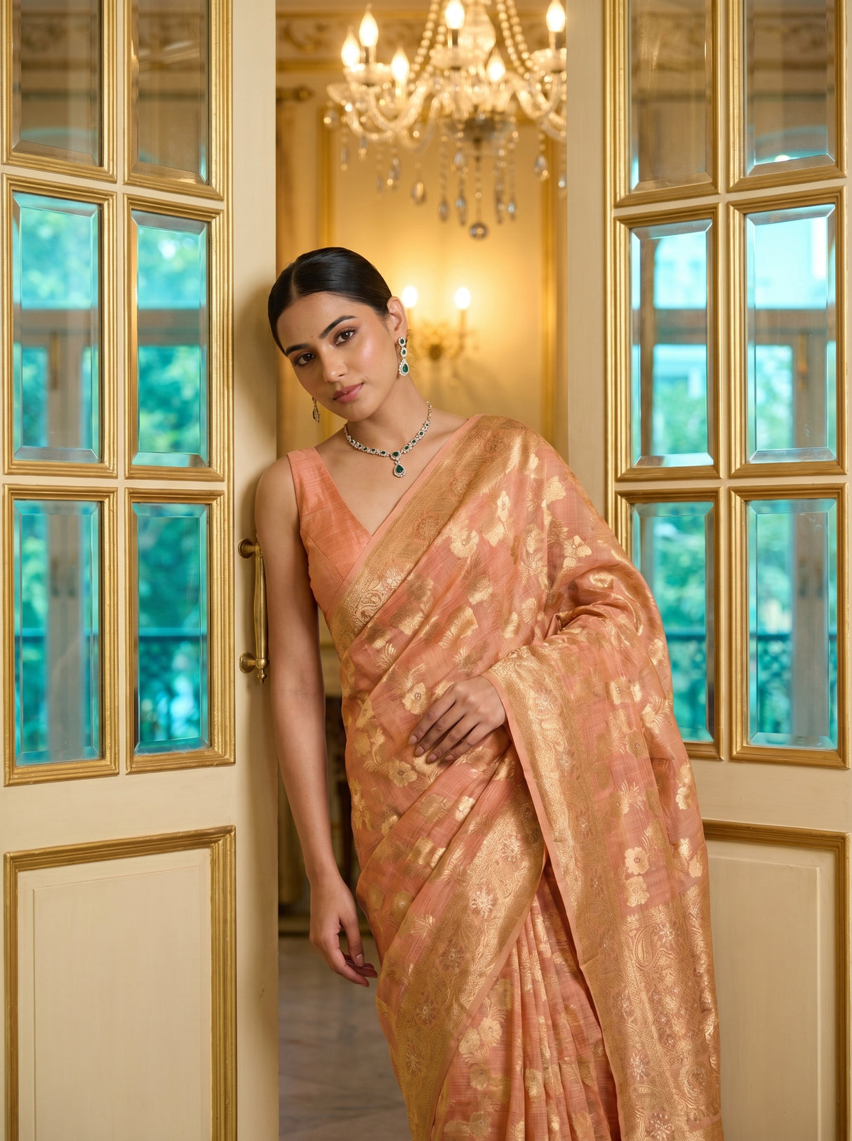 MIMOSA Peach Banarasi Linen Saree — Model Lifestyle Pose