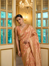 MIMOSA Peach Banarasi Linen Saree — Model Lifestyle Pose