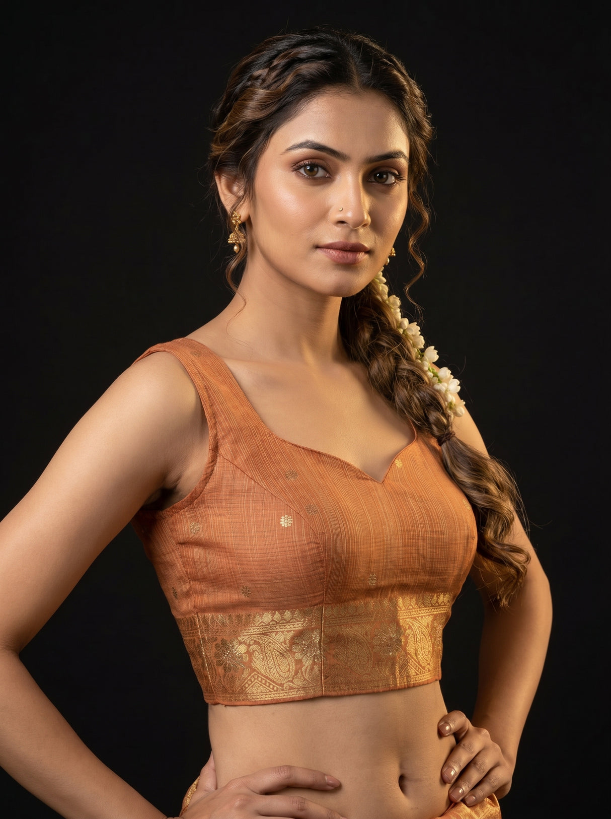 MIMOSA Peach Banarasi Linen Saree — blouse close-up