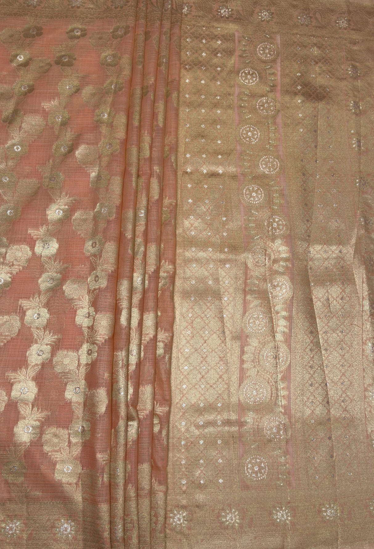 MIMOSA Peach Banarasi Linen Saree — pallu and zari work detail