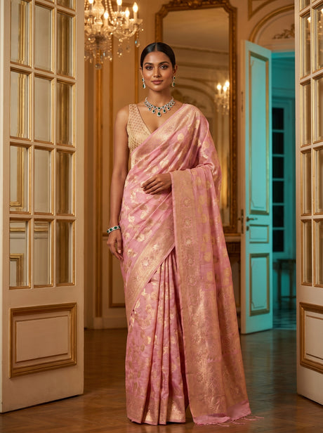 MIMOSA Pink Banarasi Linen Saree — Mannequin Draped View