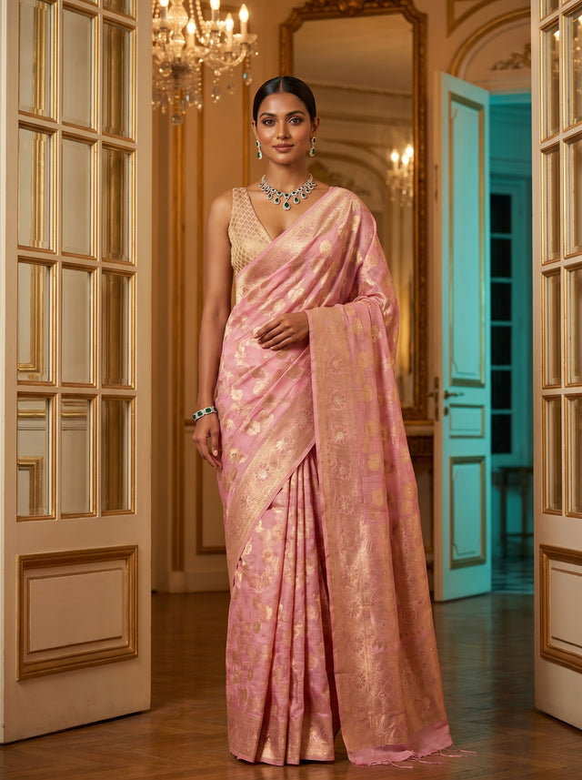 MIMOSA Pink Banarasi Linen Saree — Mannequin Draped View