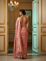 MIMOSA Pink Banarasi Linen Saree — Unstitched Blouse Fabric