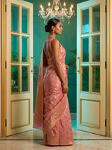 MIMOSA Pink Banarasi Linen Saree — Model Lifestyle Pose