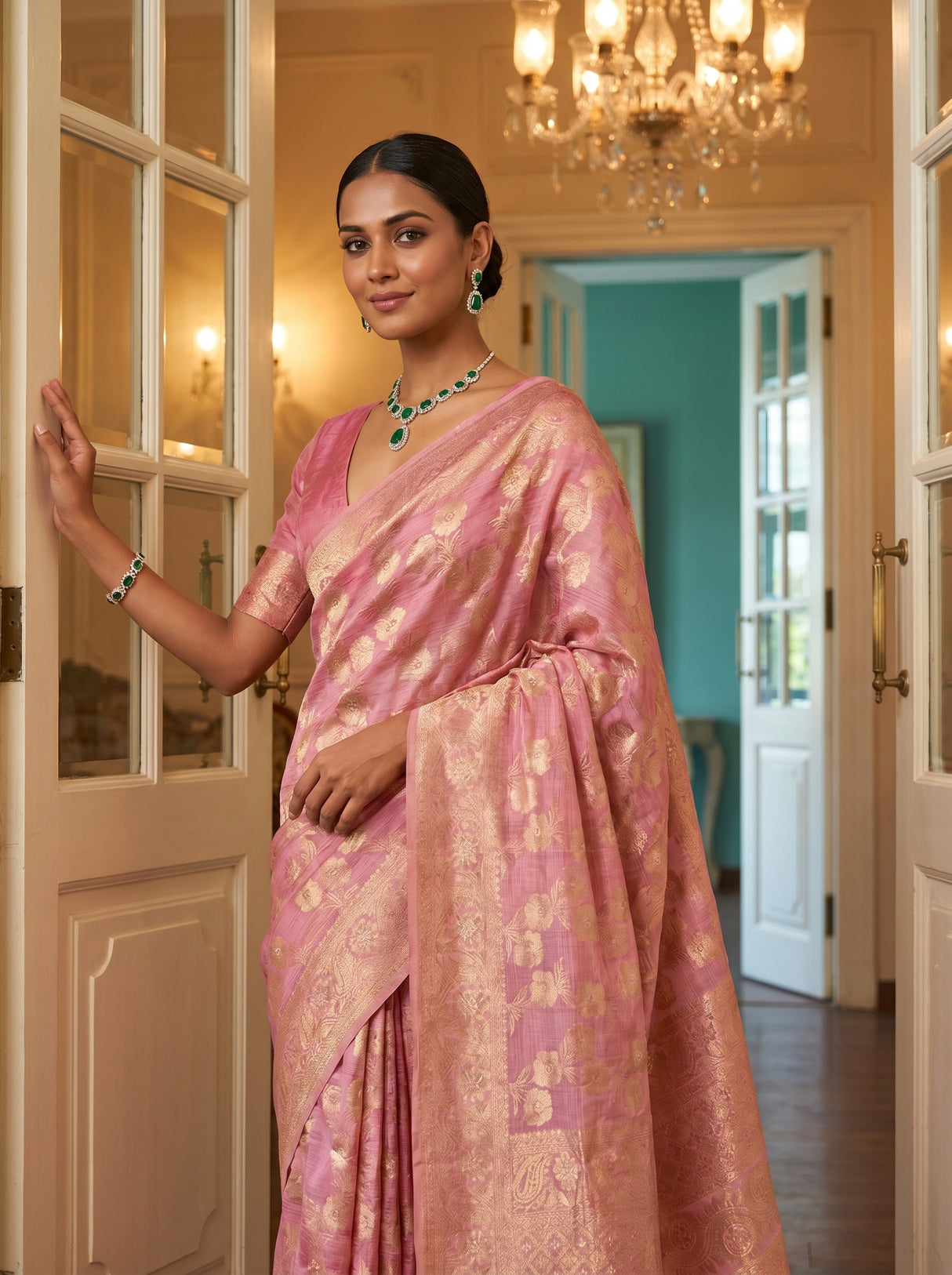 MIMOSA Pink Banarasi Linen Saree — pose 4 styling detail