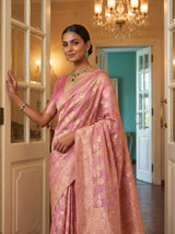 MIMOSA Pink Banarasi Linen Saree — pose 4 styling detail