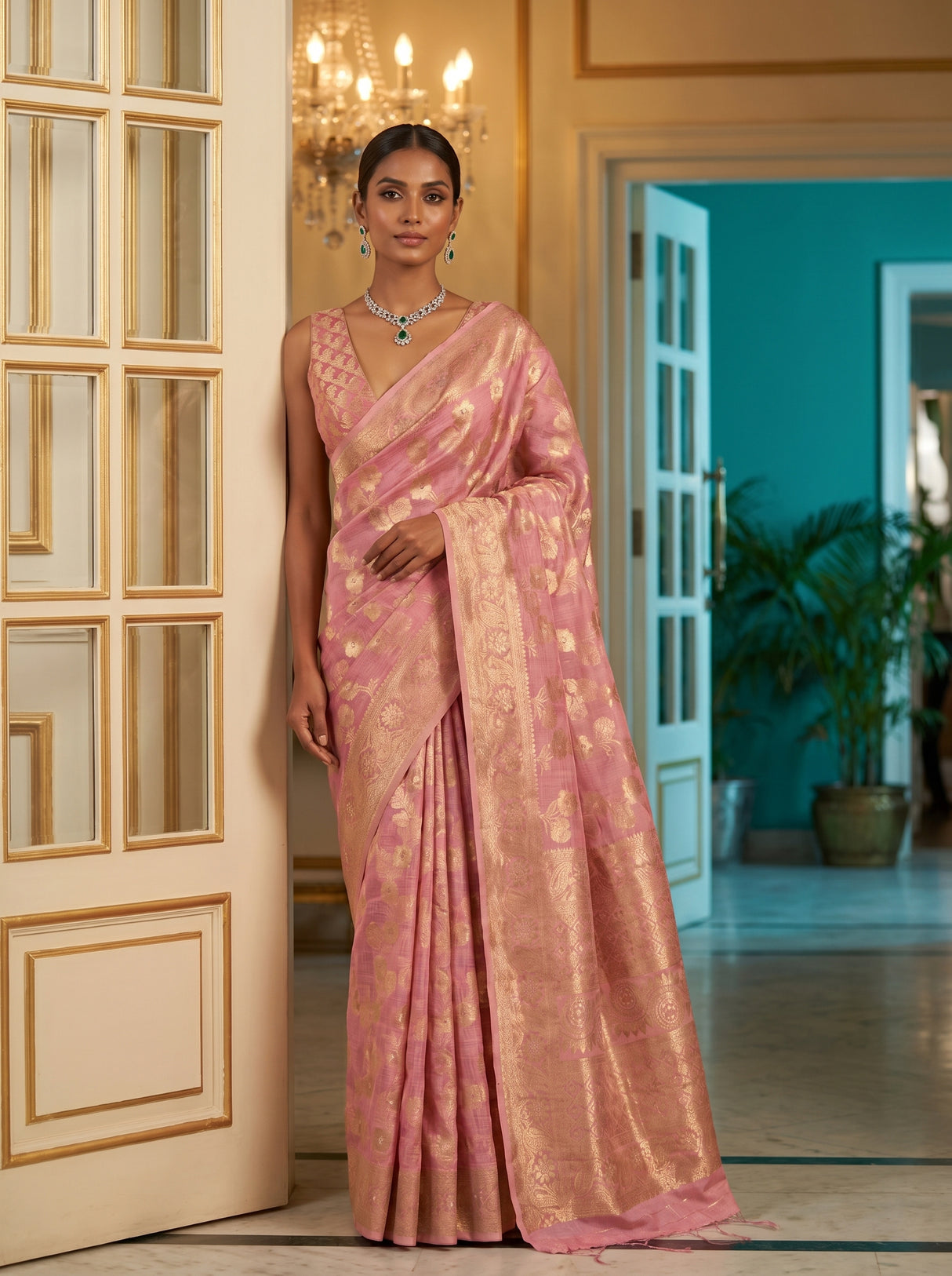 MIMOSA Pink Banarasi Linen Saree — pose 5 styling detail