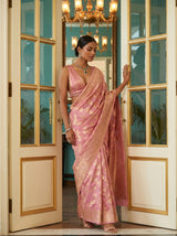 MIMOSA Pink Banarasi Linen Saree — pose 6 styling detail