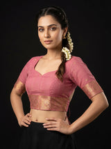 MIMOSA Pink Banarasi Linen Saree — blouse close-up