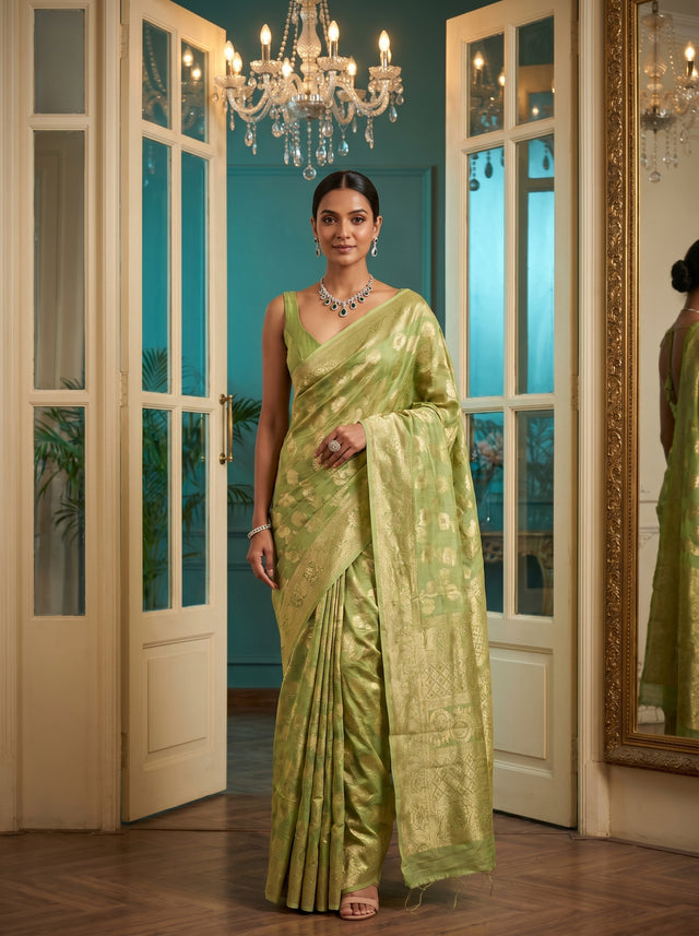 MIMOSA Pista Banarasi Linen Saree — Mannequin Draped View