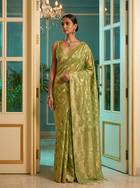 MIMOSA Pista Banarasi Linen Saree — Unstitched Blouse Fabric