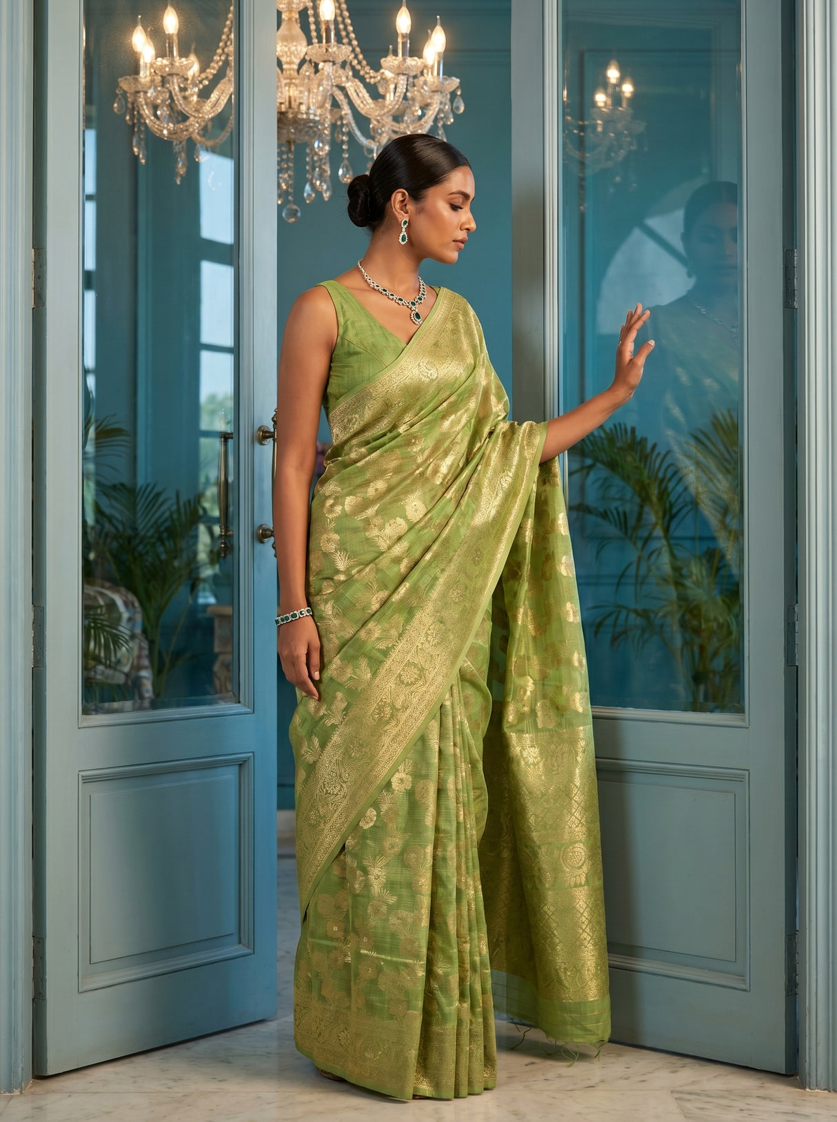MIMOSA Pista Banarasi Linen Saree — pose 8 styling detail