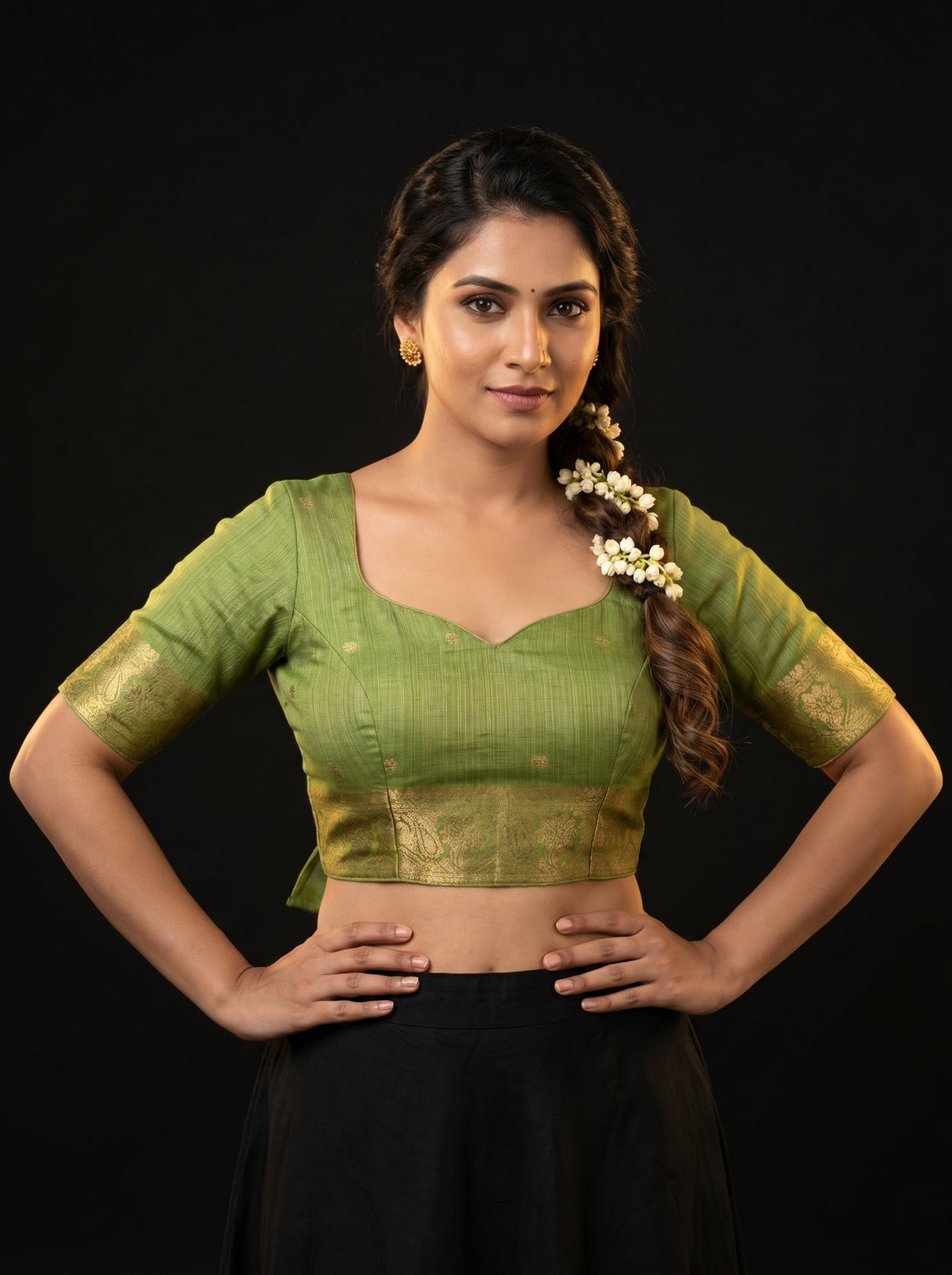 MIMOSA Pista Banarasi Linen Saree — blouse close-up