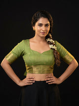 MIMOSA Pista Banarasi Linen Saree — blouse close-up