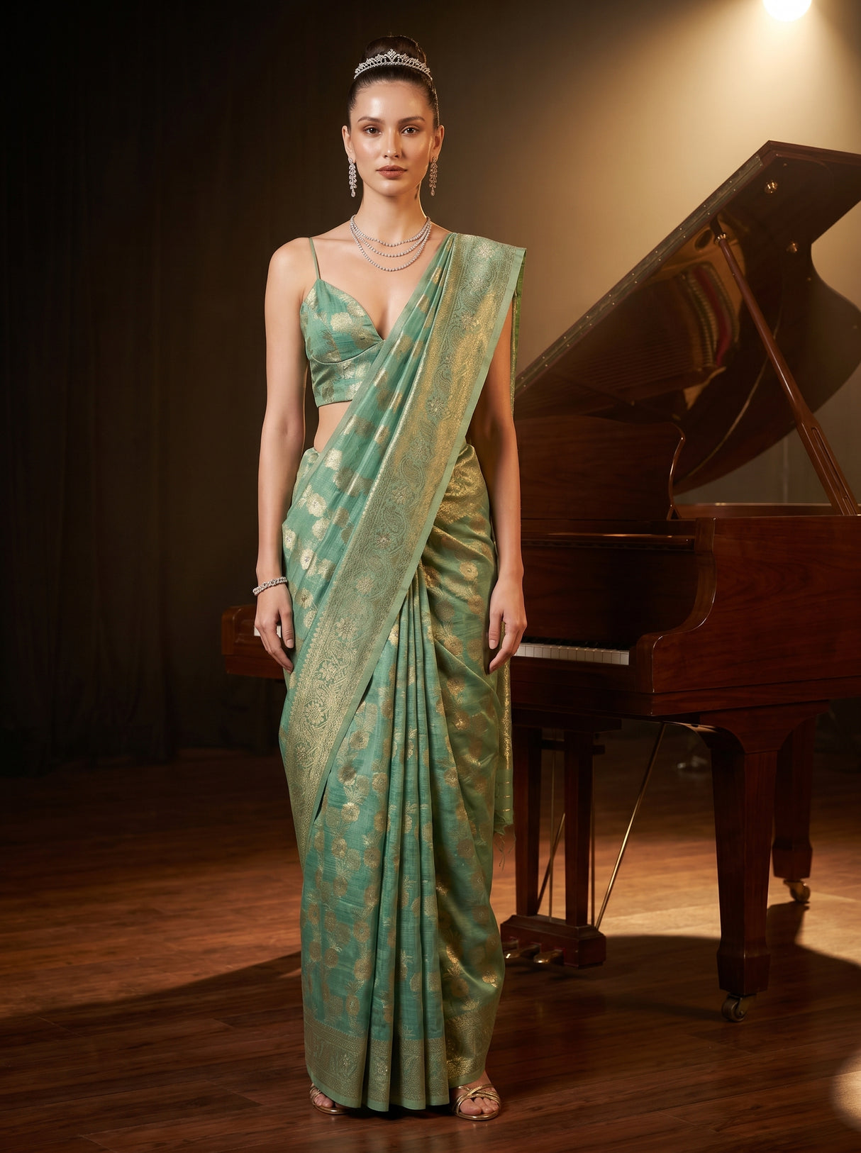 MIMOSA Rama Banarasi Linen Saree — Mannequin Draped View