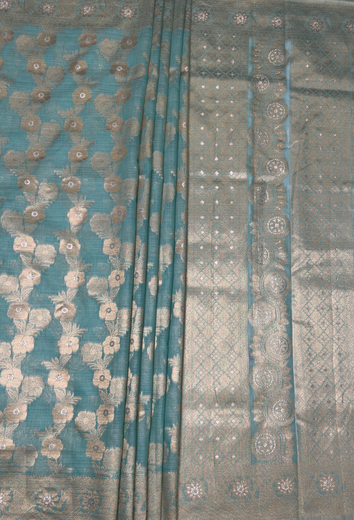 MIMOSA Rama Banarasi Linen Saree — pallu and zari work detail