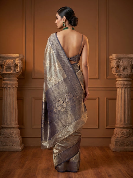 MIMOSA Navy Banarasi Art Silk Saree — Close-up of Pallu