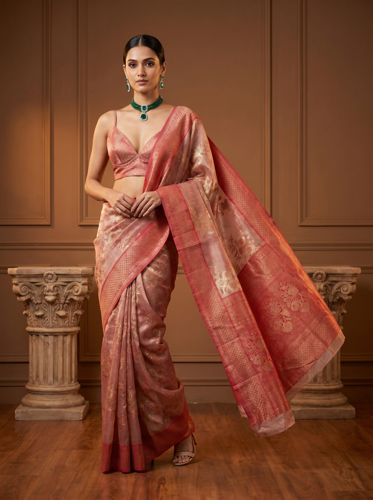 MIMOSA Rani Banarasi Art Silk Saree — Fabric and Motif Detail