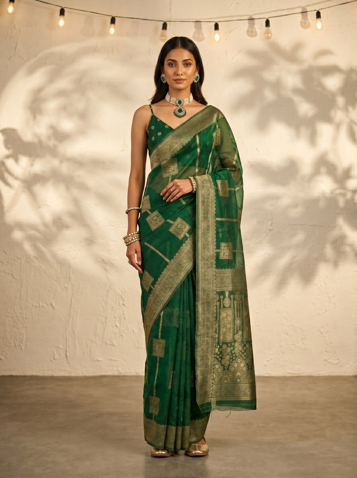 MIMOSA Green Banarasi Art Silk Saree — AI Model lifestyle pose