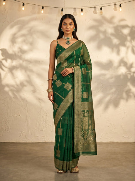 MIMOSA Green Banarasi Art Silk Saree — AI Model lifestyle pose