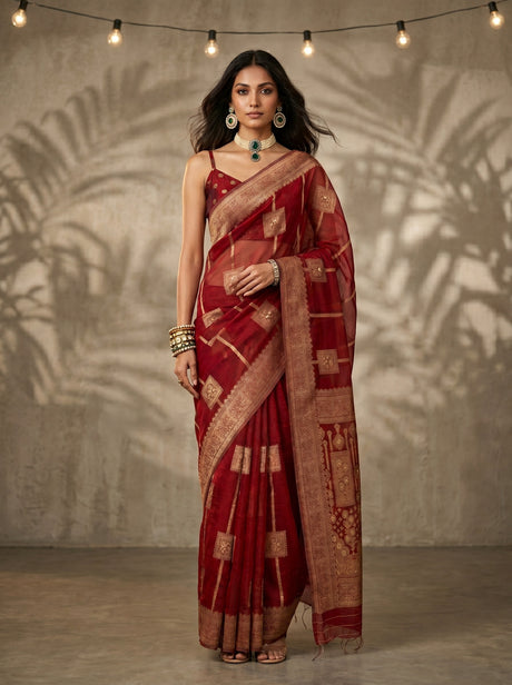 MIMOSA Maroon Banarasi Art Silk Saree — AI Model lifestyle pose