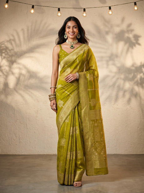 MIMOSA Olive Banarasi Art Silk Saree — AI Model lifestyle pose