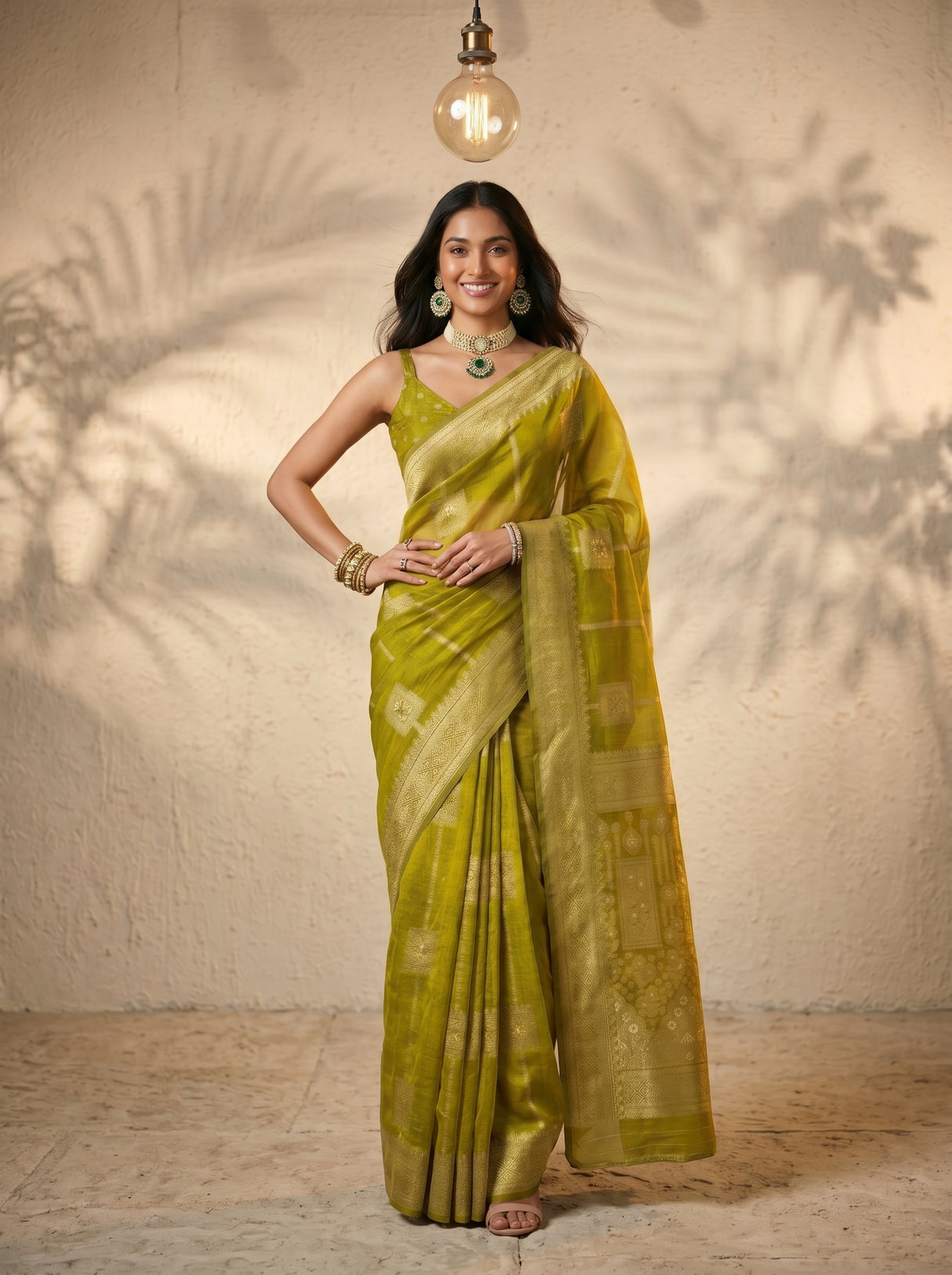 MIMOSA Olive Banarasi Art Silk Saree — pose 10 styling detail