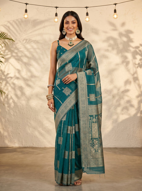 MIMOSA Sapphire Banarasi Art Silk Saree — AI Model lifestyle pose